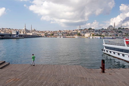 Persembepazari,Karakoy,istanbul,Turkey.July 13,2022.Karakoy Persembe Pazari coastline. Halic and istanbul old city view from the coastline with its historical and modern structuresのeditorial素材