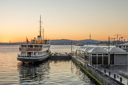 istanbul,Turkey.July 27,2022. The symbol of sea transportation in Istanbul. Cityline ferry. The ferry at Eminonu pier early in the morning.のeditorial素材