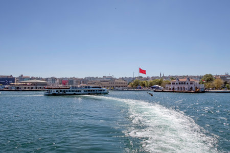 Bosporus,istanbul,Turkey.July 29,2022.The magnificent view of the Bosphorus with the city lines ferry, the symbol of sea transportation in Istanbul, in summer.のeditorial素材