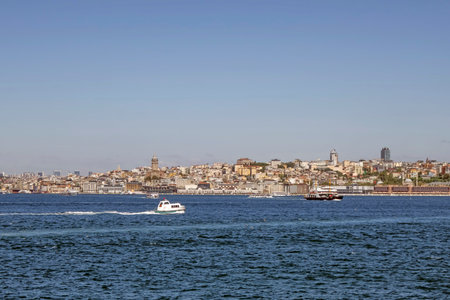 Bosporus,istanbul,Turkey.July 29,2022.The magnificent view of the Bosphorus with the city lines ferry, the symbol of sea transportation in Istanbul, in summer.のeditorial素材