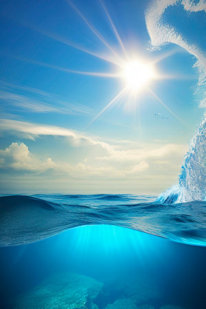 Underwater view of ocean wave and sun with lens flare. 3d renderの写真素材