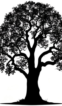 Silhouette of an old oak tree on a white background.の写真素材