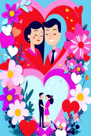 Happy family in the form of heart with flowers. vector illustration.の写真素材