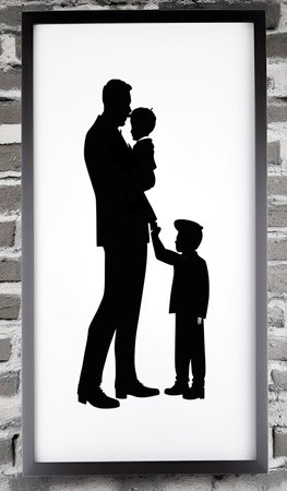 Silhouette of a father and son in front of a photo frameの写真素材