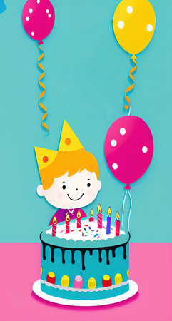 Birthday party invitation with boy and cake and balloons. vector illustration.の写真素材