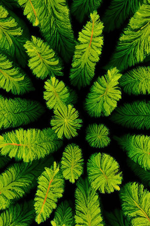 Green fern leaves pattern on a black background. 3d rendering