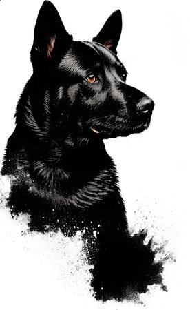 Black dog on a white background with splashes of black paint.の写真素材