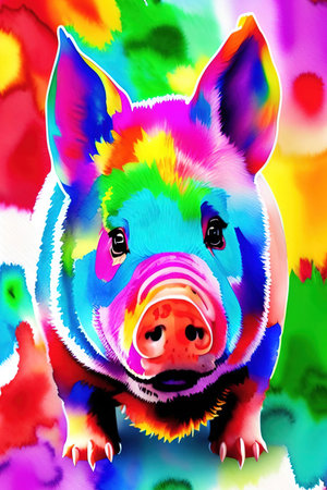 Colorful digital painting of a pig on a colorful background. The pig is smiling.の写真素材