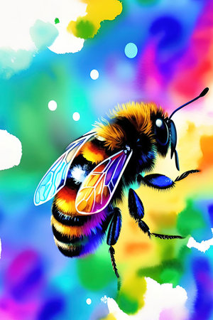 bee on a rainbow background, vector illustration of a bee on a rainbow backgroundの写真素材