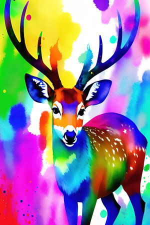 illustration of a deer on a multicolored background with splashesの写真素材