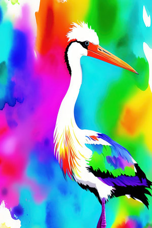 stork on a colorful background with splashes of watercolor paintの写真素材