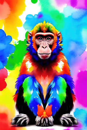 Monkey sitting on colorful watercolor splash background. vector illustration.の写真素材