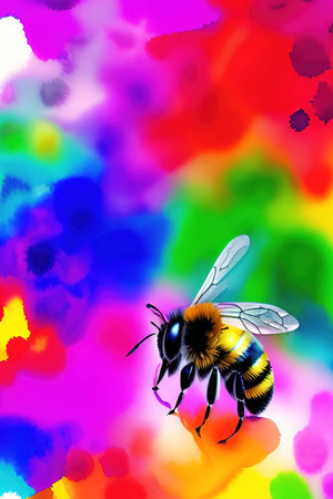 bee on a background of a rainbow colored abstraction, close-upの写真素材