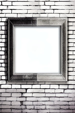 blank picture frame on white brick wall - can be used as backgroundの写真素材
