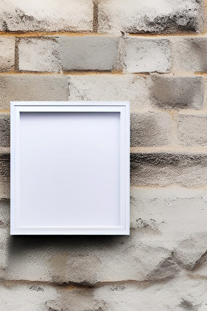 Blank white photo frame hanging on brick wall. mockup for designの写真素材