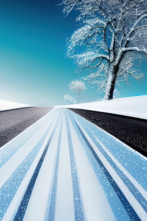Winter road with snow and blue sky. 3d render illustration.の写真素材