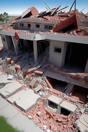 Aerial view of a house destroyed by the earthquake and tornado.Earthquake is one of the most...