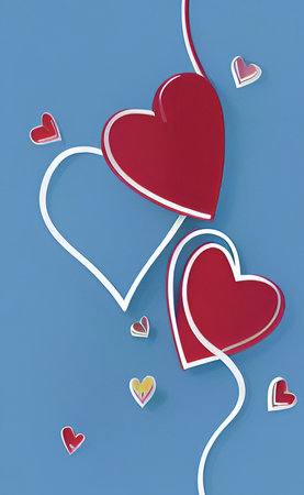 Red hearts on blue background. Valentine's day card. 3D rendering