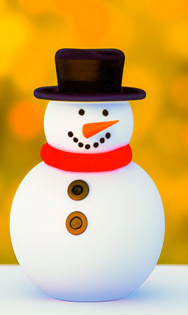 Snowman with hat and scarf on yellow bokeh background.の写真素材