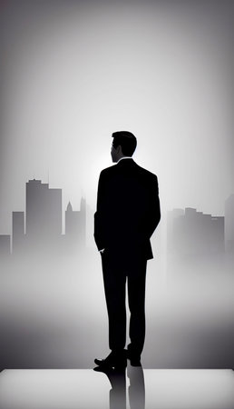 Silhouette of a businessman looking at the city in the fogの写真素材