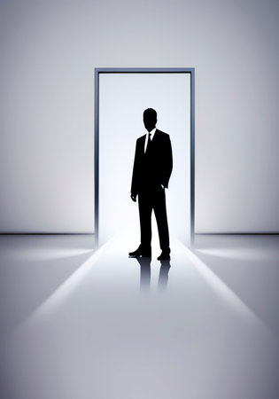 Businessman standing in front of a door. Conceptual image.の写真素材