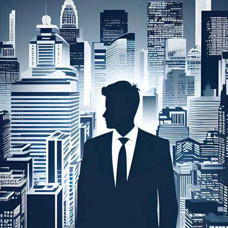 Businessman on abstract city background with skyscrapers. vector illustration.