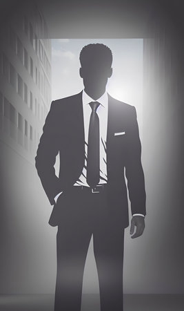 Silhouette of businessman standing in front of open door with city viewの写真素材