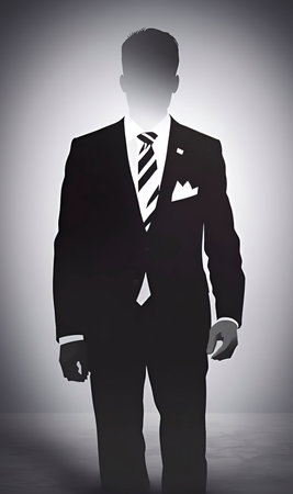 Silhouette of a man in a suit and tie on a gray backgroundの写真素材