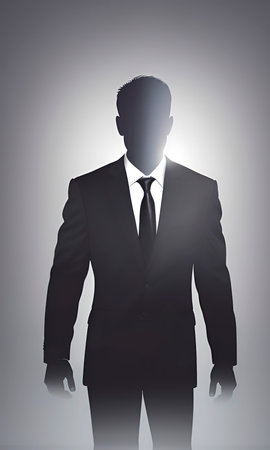 Silhouette of a man in a business suit on a gray backgroundの写真素材