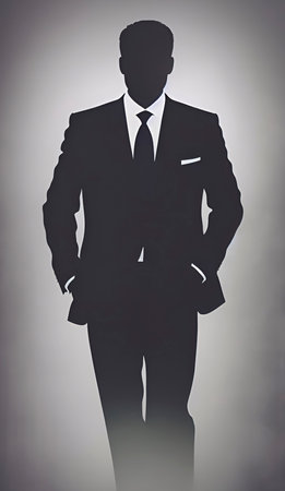Silhouette of a man in a suit on a gray backgroundの写真素材