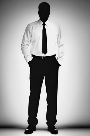 Black and white silhouette of a man in a business suit on a gray backgroundの写真素材