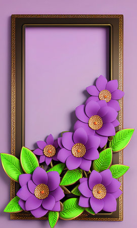 3d render of purple flowers with golden frame on violet background.