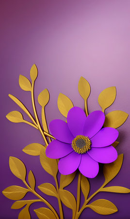 Purple flower with golden leaves on purple background. 3D illustration.の写真素材