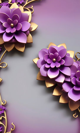 Paper flowers on violet background with copy space. 3D illustration.の写真素材