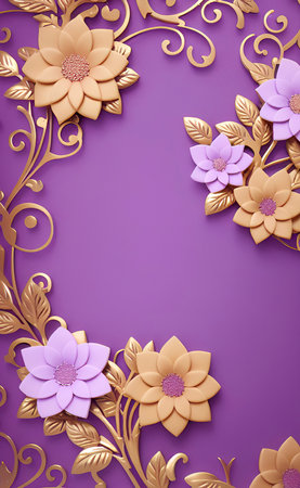 3d render of purple background with golden floral ornament and flowers.の写真素材
