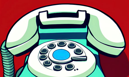 Vintage telephone illustration in pop art retro comic style on red backgroundの写真素材