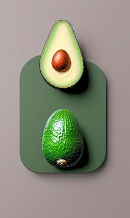 Avocado and avocado halves on a green plate. 3d illustrationの写真素材