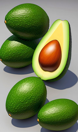 Avocado fruits on a gray background. 3d render illustration.