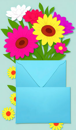 Envelope with flowers on blue background.