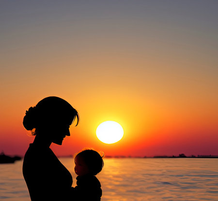 Silhouette of mother and baby on the beach at sunset.の写真素材