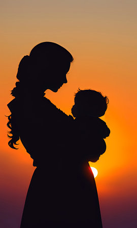 Silhouette of mother and baby at sunset. love concept.の写真素材