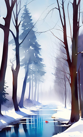 Winter landscape with river, trees and foggy forest. vector illustration.の写真素材