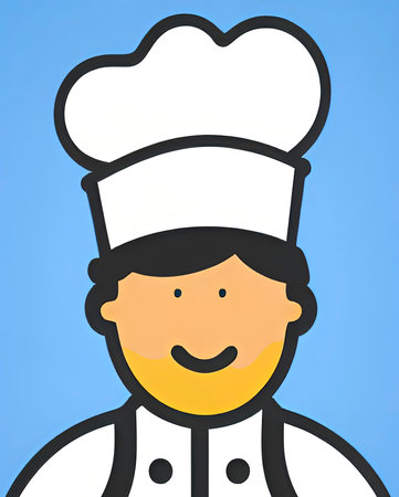Illustration of a cartoon chef with hat and uniform on blue backgroundのイラスト素材