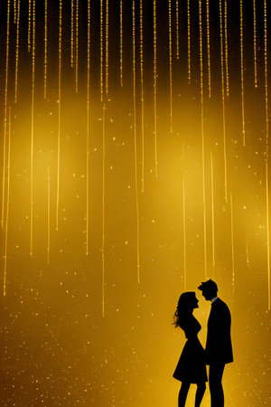 young couple illustration. shiny and gold color background.の写真素材