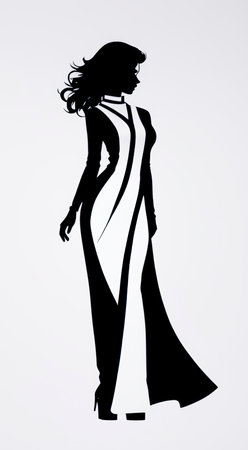 Beautiful woman in evening dress. Black silhouette on white background.のイラスト素材