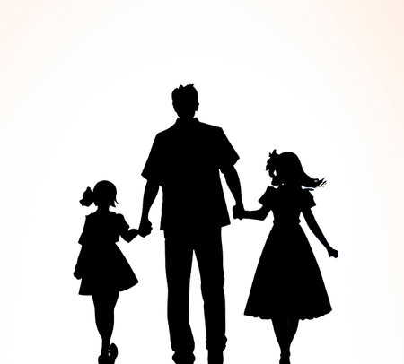 Silhouette of a father and his two daughters on a white backgroundのイラスト素材