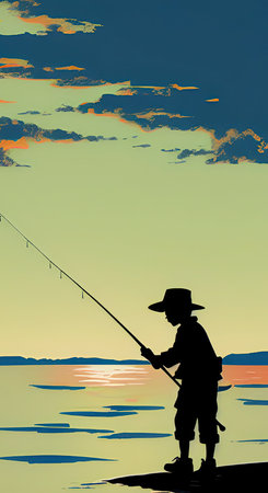 Silhouette of a man fishing at sunset. vector illustration.の写真素材