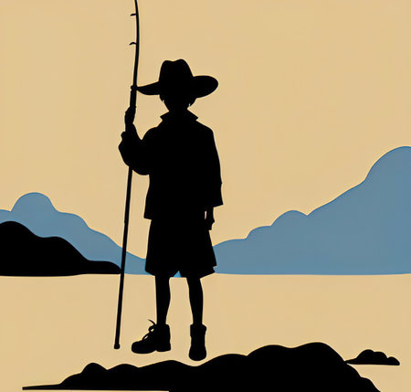 Silhouette of a boy with a fishing rod in the mountainsの写真素材