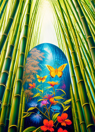 bamboo forest with butterfly. Colorful illustration.の素材