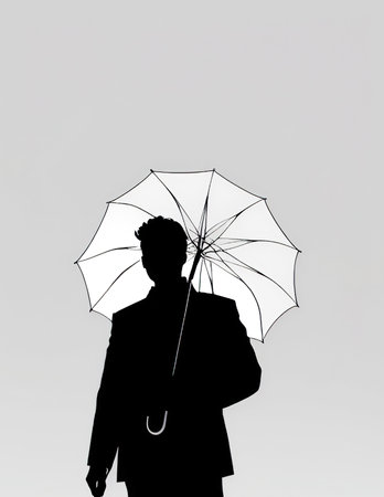 Silhouette of a man with an umbrella on a white backgroundの素材